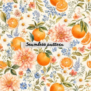 Può includere: Motivo acquerello senza cuciture con arance, fette di arancia e fiori nei toni dell'arancione, rosa, blu e bianco. Il testo "Seamless pattern" è visualizzato su uno striscione bianco.