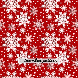 May include: A seamless pattern featuring white snowflakes of varying sizes and shapes scattered across a solid red background. Small white dots are interspersed between the snowflakes. A white horizontal banner displays the text Seamless pattern.