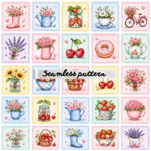 May include: A seamless pattern featuring watercolor illustrations of flowers, fruits, and various containers. The design includes images of a pink bicycle, a watering can, a boot, and a teacup, all filled with flowers. The text "Seamless pattern" is displayed in the center.