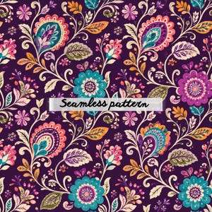 Pode incluir: Um padrão sem costura com um fundo roxo escuro, adornado com um design floral vibrante. O padrão inclui flores estilizadas em turquesa, rosa e roxo, com detalhes em laranja e branco. O texto "Seamless pattern" é exibido.