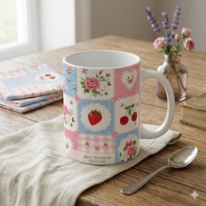 May include: White ceramic mug with a patchwork design featuring pink and blue squares with floral, strawberry, and cherry motifs. The mug has a white handle and the text "Sweet Patchwork Collection".