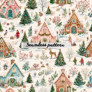 May include: A seamless pattern depicting a winter village with snow-covered houses, Christmas trees, and figures. The houses are in shades of pink, blue, and brown, with festive decorations. The text "Seamless pattern" is displayed.