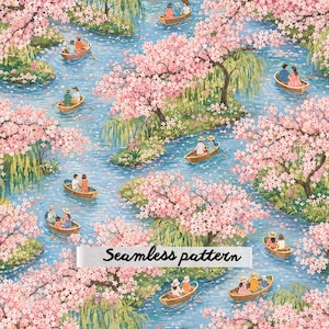 Pode incluir: Um padrão contínuo apresentando um rio azul serpenteando entre margens verdes com cerejeiras em flor cor-de-rosa. Pequenos barcos a remos de madeira transportam pessoas pela água. O texto Seamless pattern está centrado em primeiro plano.