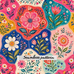 Puede incluir: Un patrón sin costuras que presenta un diseño floral vibrante con varias flores en tonos rosa, blanco, amarillo y azul, organizado en secciones irregulares con aspecto de costura. El texto Seamless pattern está centrado en la imagen.