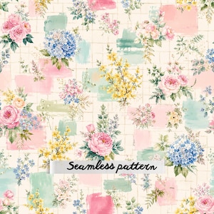 Painted Garden Patchwork Floral Seamless Pattern JPG Watercolor Roses Hydrangeas Cottagecore Fabric Digital Paper Download