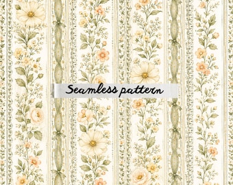 Motivo floreale a righe senza soluzione di continuità in stile cottagecore vintage, motivo romantico con nastri di fiori selvatici, carta da parati botanica shabby chic -JPG