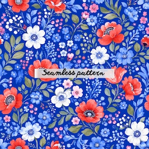 Pode incluir: Um padrão floral contínuo com papoilas vermelhas, flores brancas e azuis e folhas verdes sobre um fundo azul vibrante. O texto "Seamless pattern" é exibido em uma faixa branca.