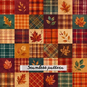 May include: A seamless pattern featuring a grid of alternating squares with various plaid designs in red, orange, green, and brown, interspersed with detailed illustrations of autumn leaves and branches. The text Seamless pattern is visible.
