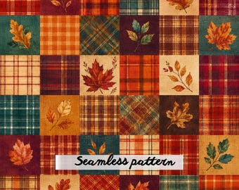 May include: A seamless pattern featuring a grid of alternating squares with various plaid designs in red, orange, green, and brown, interspersed with detailed illustrations of autumn leaves and branches. The text Seamless pattern is visible.