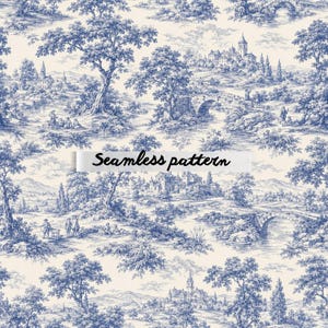 Puede incluir: Un patrón continuo con un diseño toile de jouy en azul y crema que muestra ilustraciones detalladas de paisajes europeos, incluyendo puentes de piedra, colinas, árboles y pequeños pueblos con el texto Seamless pattern.