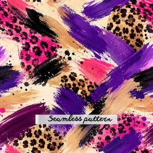 Puede incluir: Un patrón sin costuras con pinceladas diagonales audaces en tonos vibrantes de morado, rosa intenso, negro y beige. El diseño incorpora secciones con estampado de leopardo y salpicaduras de pintura oscura sobre un fondo crema claro. El texto Seamless pattern está centrado.