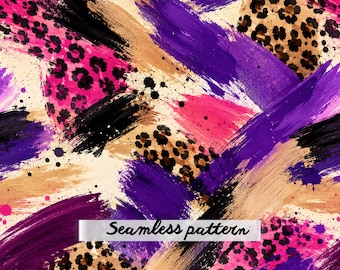 Purple Pink Leopard Brush Stroke Seamless Pattern Digital Paper, Abstract Animal Print Watercolor Background JPG