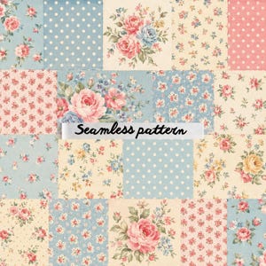 May include: A patchwork design featuring floral patterns and polka dots in pastel colors. The design includes squares of light blue, pink, and cream, with roses and other flowers. The text "Seamless pattern" is displayed.