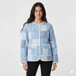 May include: A light blue quilted jacket with a patchwork design. The jacket features various shades of blue with floral and geometric patterns. It has a white trim, two front pockets, and a buttonless closure.