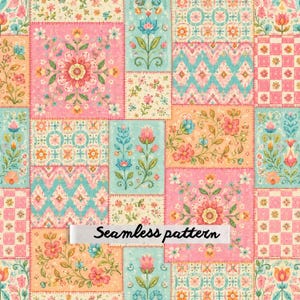 May include: A seamless pattern featuring a patchwork design of rectangular blocks with various floral, geometric, and checkered motifs in shades of pink, teal, orange, and cream. The text "Seamless pattern" is printed in black across the centre.