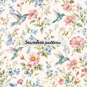 Sömlöst blommönster med vintagekolibri JPG – Akvarell vildblommor, stugträdgårdsfåglar och romantisk botanisk tygdesign