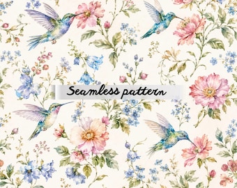 Nahtloses Vintage-Blumenmuster mit Kolibri (JPG) – Aquarell-Wildblumen, Vögel aus dem Bauerngarten und romantisches botanisches Stoffdesign