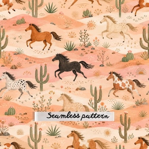 Motif sans couture de chevaux sauvages du désert (JPG), tissu style cowgirl du Sud-Ouest, papier numérique pour chambre d'enfant bohème western