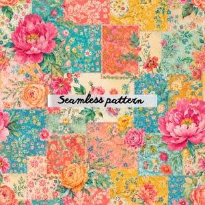 Puede incluir: Un colorido diseño de patchwork floral con grandes peonías rosas, rosas naranjas y otras flores. El patrón incluye cuadrados turquesa, amarillos y coral con el texto "Seamless pattern" en una pancarta blanca.
