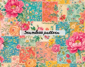 Motivo patchwork floreale boho senza cuciture, stampa su tessuto per trapunte in stile cottagecore vintage, carta digitale botanica romantica JPG
