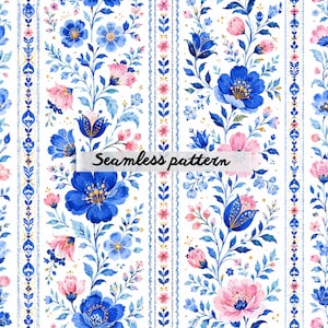 Könnte beinhalten: Nahtloses Blumenmuster mit blauen und rosa Blüten und grünen Blättern auf weißem Grund. Das Design umfasst vertikale Streifen mit dekorativen Elementen und den Text "Seamless pattern".