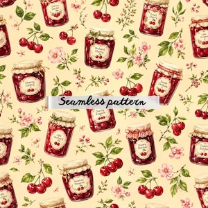 Patrón sin costuras de mermelada de cereza JPG – Tarros de conserva de cereza vintage, estampado repetitivo Blossom Orchard, diseño de tela de cocina estilo cottagecore