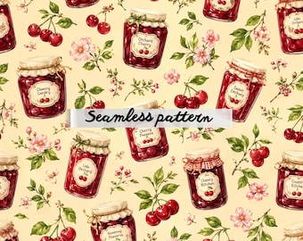 Motivo senza cuciture con marmellata di ciliegie JPG – Barattoli vintage per confettura di ciliegie, motivo ripetuto "Blossom Orchard", design per tessuti da cucina in stile cottagecore