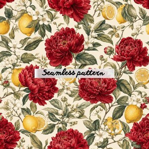 Pode incluir: Um padrão contínuo com flores de peônia vermelho-escuras, limões amarelo-vivos e pequenas flores brancas com folhas verdes sobre um fundo creme. O texto "Seamless pattern" está impresso em preto no centro da imagem.