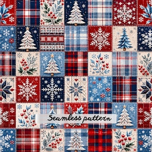 Op de afbeelding: Een naadloos patroon bestaande uit een raster van vierkanten met kerstthema's, waaronder witte kerstbomen, rode bessen, blauw en rood ruitpatroon en witte sneeuwvlokken op rode, blauwe en crèmekleurige achtergronden. De tekst Seamless pattern staat centraal.