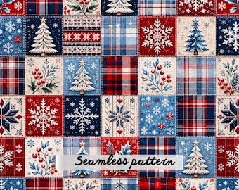 Christmas Patchwork Quilt Seamless Pattern, Red Blue Plaid Holiday Blocks, Snowflakes Christmas Trees Berry Branches, Cozy Winter Fabric JPG