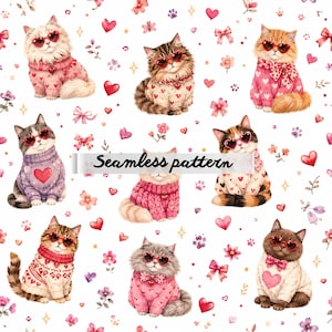 Pode incluir: Um padrão contínuo apresentando vários gatos usando óculos de sol em forma de coração e suéteres com motivos de coração, intercalados com pequenos laços cor-de-rosa, flores e corações em um fundo branco. O texto Seamless pattern é visível.