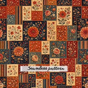 May include: A seamless pattern featuring a patchwork of rectangular blocks with floral motifs in shades of deep red, navy blue, and cream. The design includes various botanical illustrations of roses and dahlias, with the text Seamless pattern.