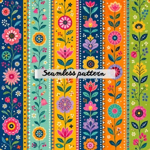 Pode incluir: Um padrão sem costura vibrante com listras verticais de desenhos florais. O padrão inclui várias flores em rosa, amarelo, laranja e roxo, em fundos azuis, verdes e amarelos. O texto "Seamless pattern" é sobreposto.