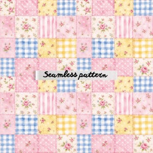 Pode incluir: Um padrão sem costura com um design de patchwork com quadrados rosa, amarelos e azuis. Os quadrados têm padrões florais, de bolinhas, xadrez e listrados. O texto "Seamless pattern" está no centro.