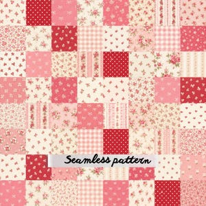 May include: A patchwork fabric design featuring a grid of squares with various red, pink, and cream patterns including floral prints, polka dots, stripes, bows, and gingham checks. The text Seamless pattern is printed in black across the centre.