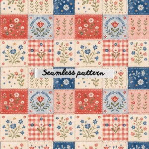 Pode incluir: Um padrão sem costura com um design de patchwork. Apresenta quadrados com padrões florais e xadrez em vermelho, azul e creme. Os quadrados são adornados com motivos florais e o texto "Seamless pattern".