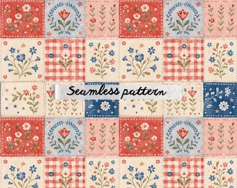 Nahtloses Patchworkmuster im skandinavischen Stil, floraler Quiltstoff im Cottagecore-Stil, digitales Papier im Vintage-Gingham-Design (JPG)
