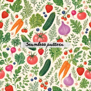 May include: A seamless pattern featuring a variety of fresh produce including bright orange carrots, red tomatoes, purple onions, green cucumbers, strawberries, blueberries, and leafy greens arranged on a light cream background with the text Seamless pattern.