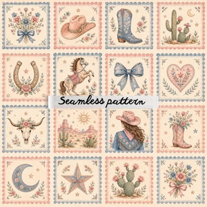 Peut inclure: Un motif sans couture composé d'une grille d'illustrations carrées sur le thème de l'ouest, incluant des chapeaux de cow-boy, des bottes, des chevaux, des cactus, des fleurs, un fer à cheval, un crâne, une étoile, une lune et un nœud.