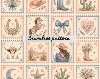 Cowgirl Western Patchwork Seamless Pattern JPG Vintage Rodeo Coquette Quilt Block Repeat