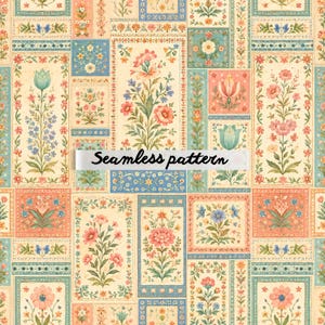 Puede incluir: Un patrón sin costuras con diseños florales en paneles rectangulares y cuadrados. El diseño utiliza tonos crema, azul y melocotón, con ilustraciones detalladas de flores y follaje. El texto "Seamless pattern" se muestra en la imagen.