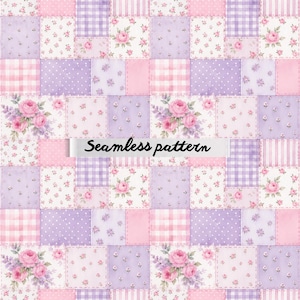 May include: A seamless pattern featuring a patchwork design with squares in pink, lavender, and white. The squares have floral, polka dot, gingham, and striped patterns. The text "Seamless pattern" is displayed across the image.