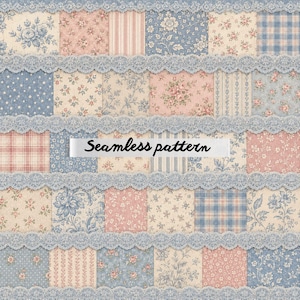 Puede incluir: Un patrón sin costuras con una cuadrícula de patchwork de cuadrados florales, a rayas y a cuadros en tonos azul polvoriento, crema y rosa suave. Tiras horizontales de encaje azul claro separan las filas de cuadrados de tela estampada.