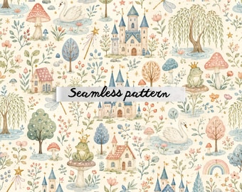 Watercolor Pond Seamless Pattern, Cottage Garden Landscape Repeat, Soft Vintage Scenic Print JPG