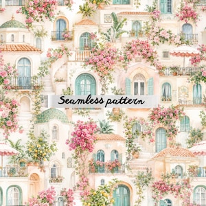 May include: A watercolour seamless pattern showing Mediterranean buildings with pink flowers, green shutters, and balconies. The text "Seamless pattern" is displayed. The buildings have terracotta roofs and are surrounded by lush greenery.
