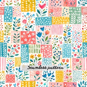 Puede incluir: Un patrón sin costuras que presenta una cuadrícula de bloques rectangulares con motivos florales pintados a mano y texturas abstractas en tonos rosa, azul, amarillo y verde. El diseño incluye tallos, hojas y puntos, con el texto Seamless pattern.