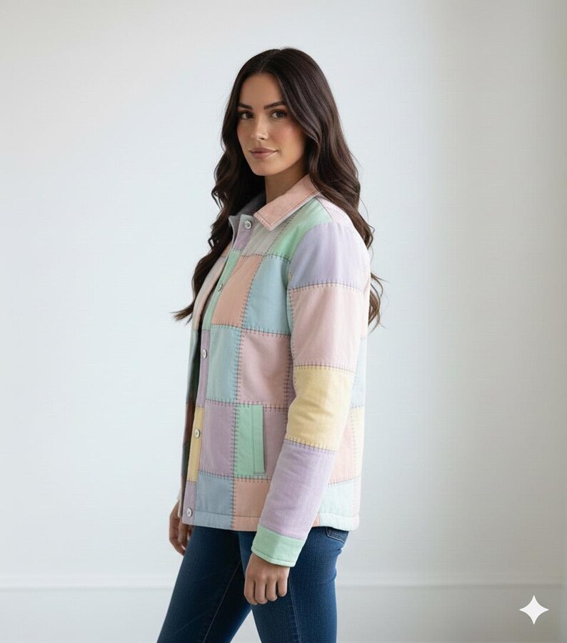 May include: A pastel patchwork jacket in shades of pink, blue, yellow, and lavender. The jacket has a button-up front and a collared neckline. The design features a quilted pattern with visible stitching.