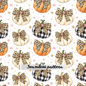 May include: A seamless pattern featuring white and orange pumpkins decorated with leopard print bows and pink gems. The design includes small gold and pink stars scattered across a white background with the text Seamless pattern.