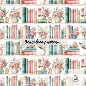 Pode incluir: Padrão sem costura com ilustrações em aquarela de estantes de livros. As prateleiras estão repletas de livros em tons de verde-azulado, rosa e creme. Arranjos florais em vasos e xícaras, e pequenas molduras, completam o estilo vintage. O texto "Seamless pattern" está presente.