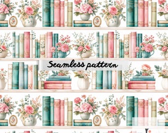 May include: Seamless pattern featuring watercolor illustrations of bookshelves filled with books in shades of teal, pink, and cream. Floral arrangements in vases and teacups, along with small framed pictures, add to the vintage aesthetic. The text "Seamless pattern" is displayed.